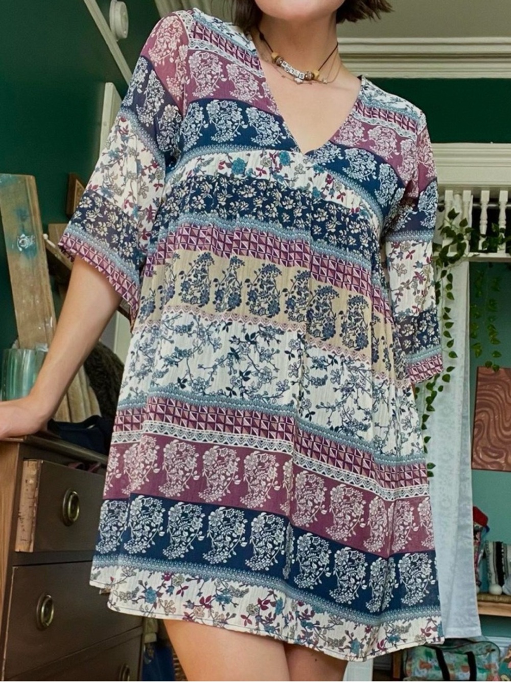 C Boho V-Neck Tunic in Navy, Cream & Mauve